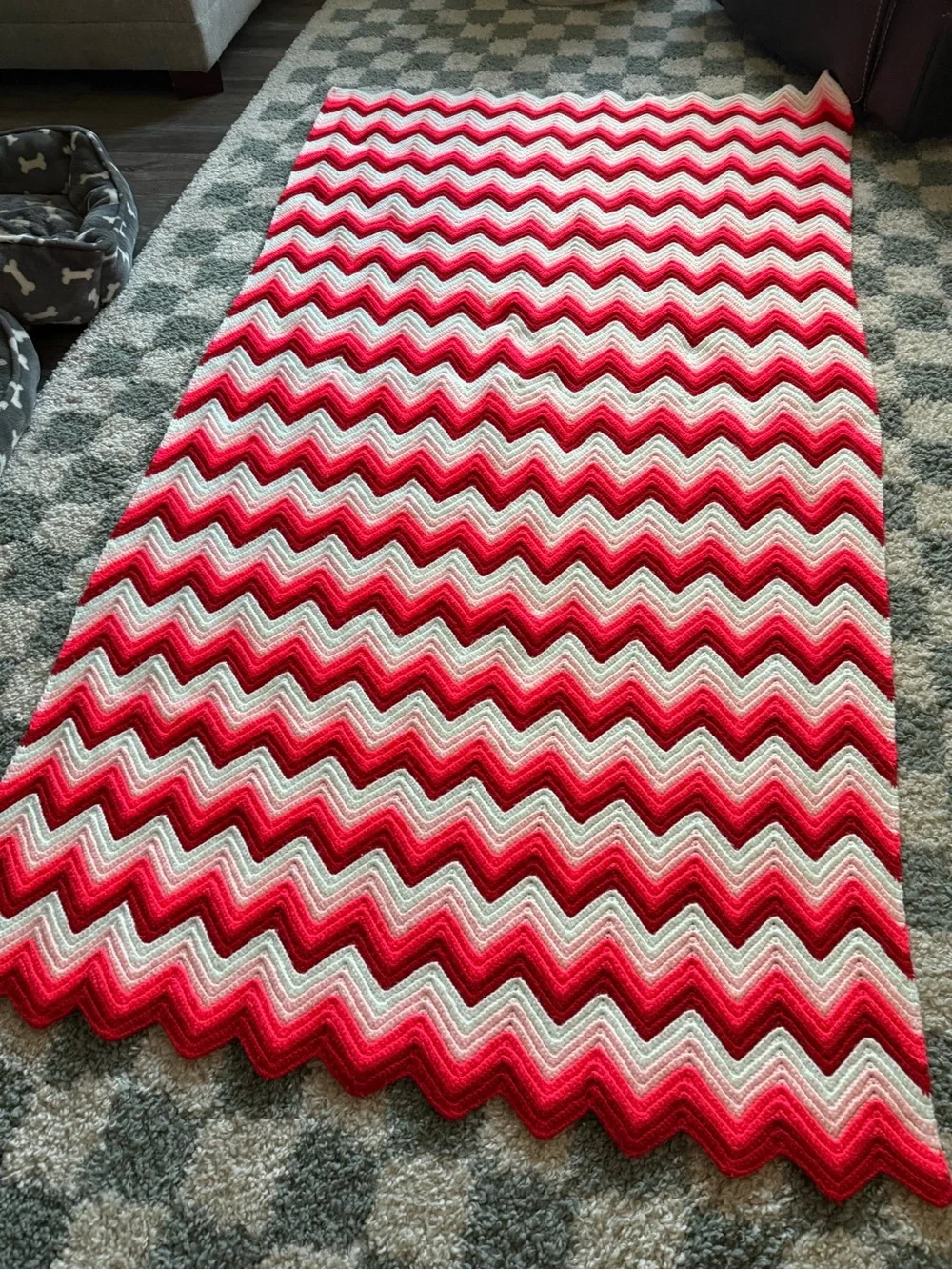 VTG Handmade Pink White Chevron Crochet Afghan Throw Blanket Hippie Boho Granny